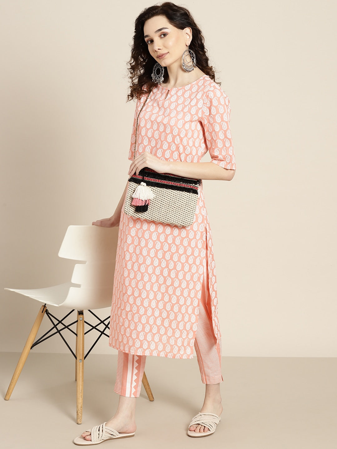 Sangria Women Peach-Coloured & White Ethnic Printed Pure Cotton Kurta set | Grocsy