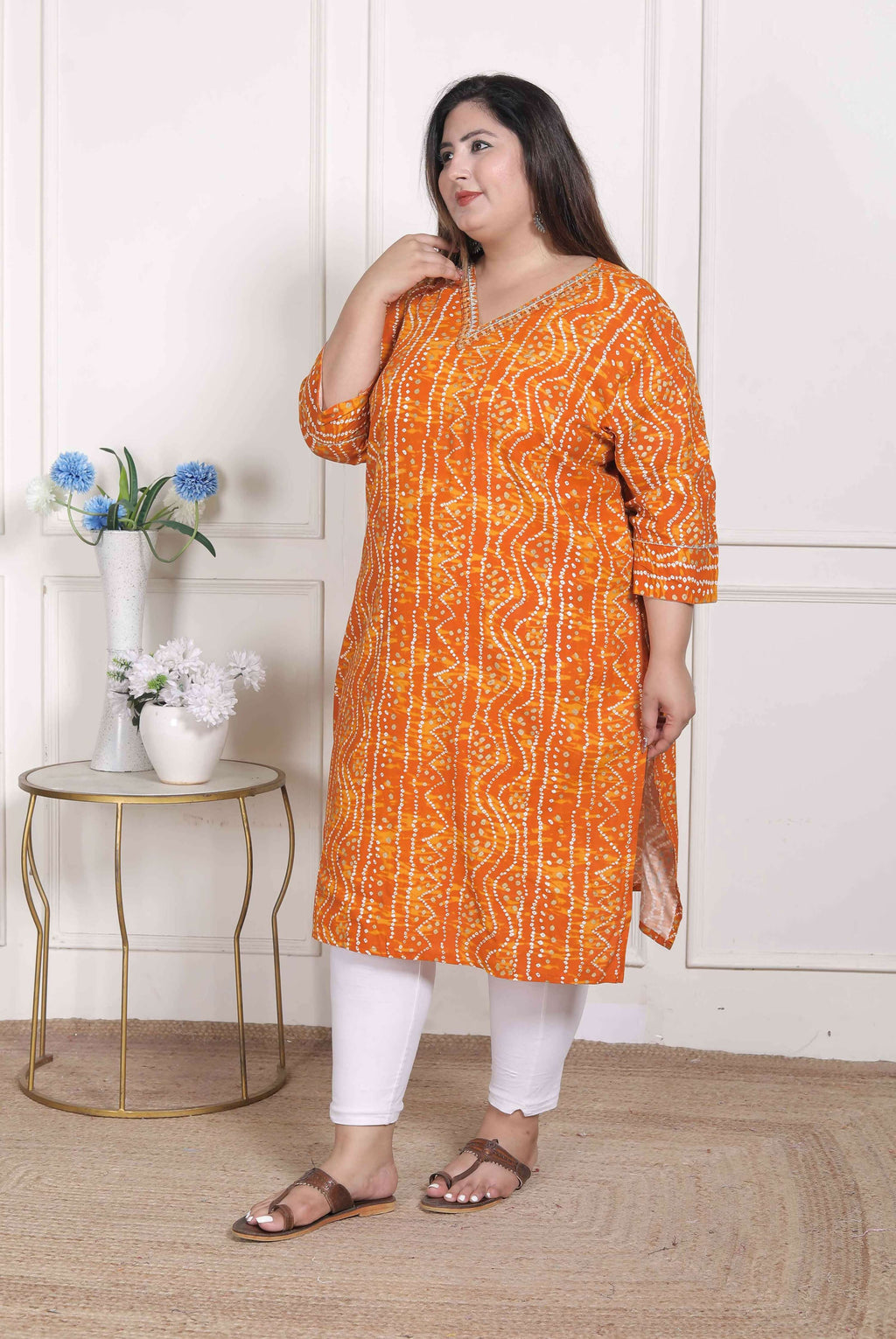Miravan Women's Plus Size Yellow Bandhani Printed Straight Kurta | Grocsy