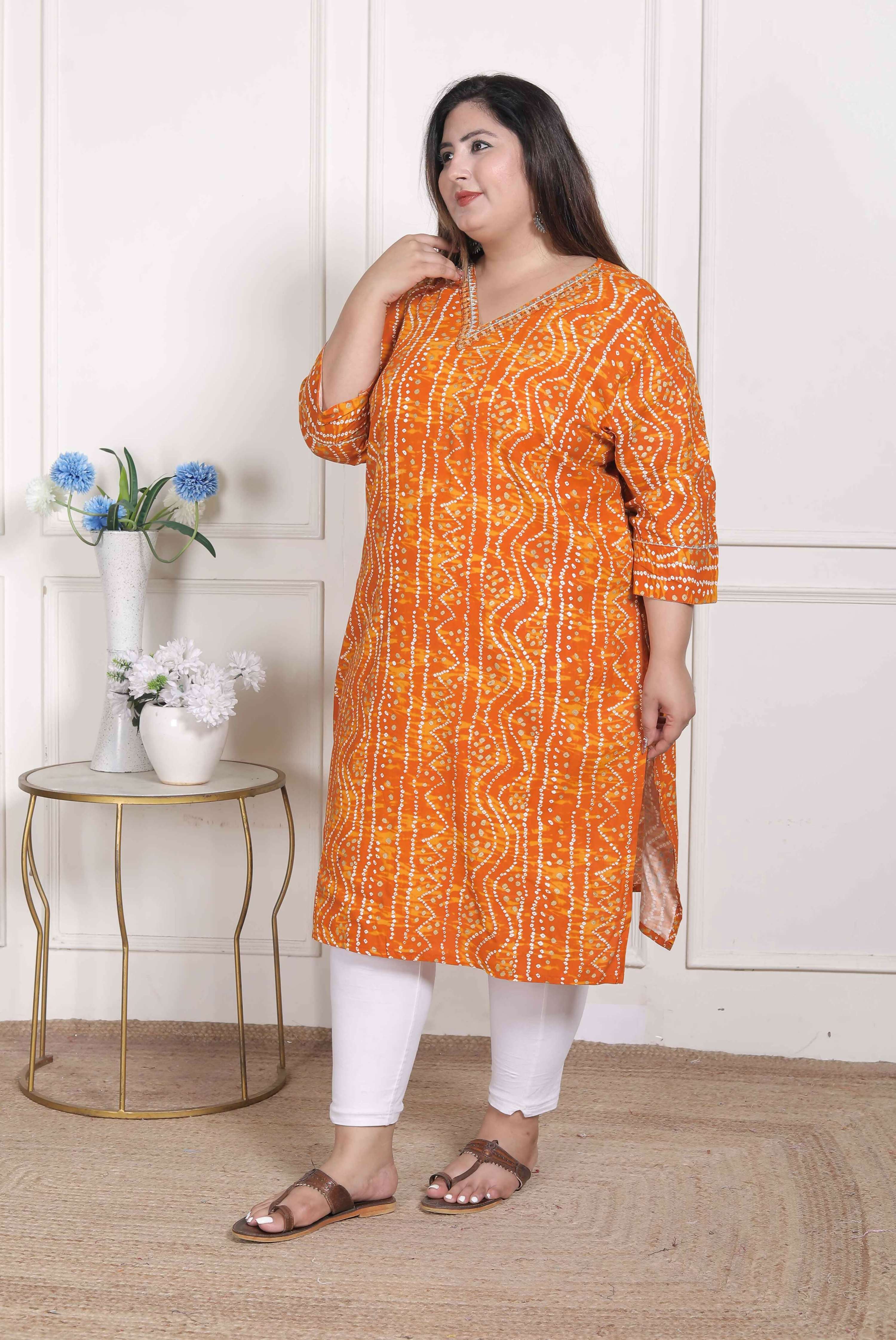 Miravan Women's Plus Size Yellow Bandhani Printed Straight Kurta | Grocsy