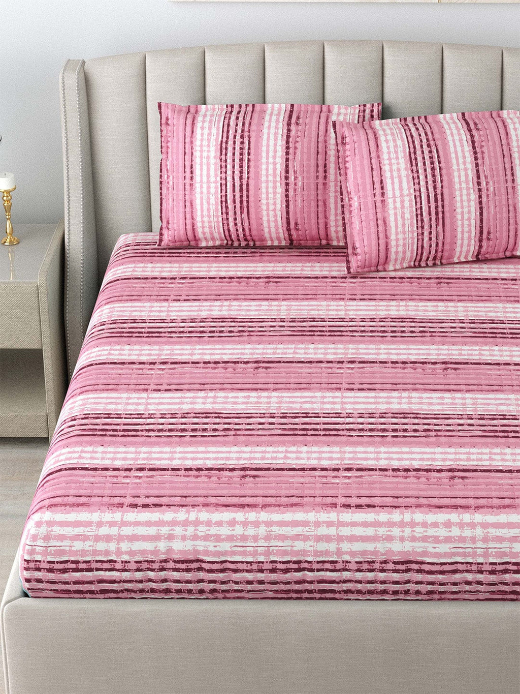 DREAM WEAVERZ Pink Striped Pure Cotton 220 TC King Bedsheet With 2 Pillow Covers | Grocsy