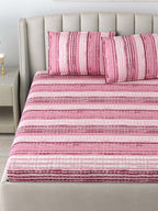 DREAM WEAVERZ Pink Striped Pure Cotton 220 TC King Bedsheet With 2 Pillow Covers | Grocsy
