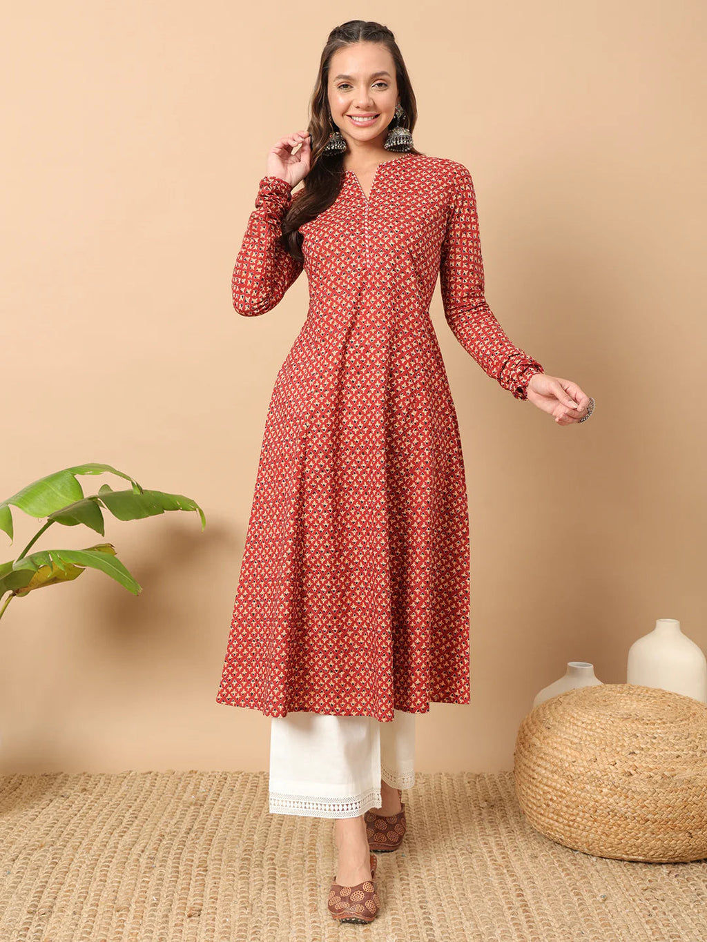 FIORRA Women's Floral Printed Red Cotton A-Line Kurta | Grocsy