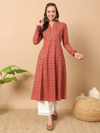 FIORRA Women's Floral Printed Red Cotton A-Line Kurta | Grocsy