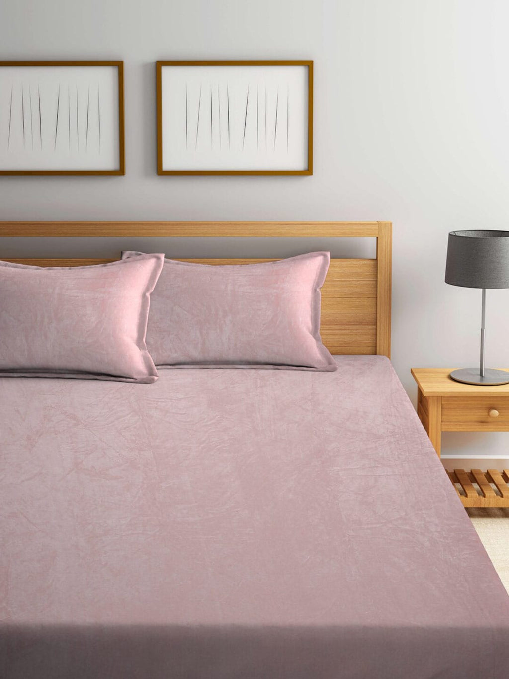 KLOTTHE Pink Woolen 300TC King Bedsheet Fitted Bedsheet With 2 Pillow Covers | Grocsy
