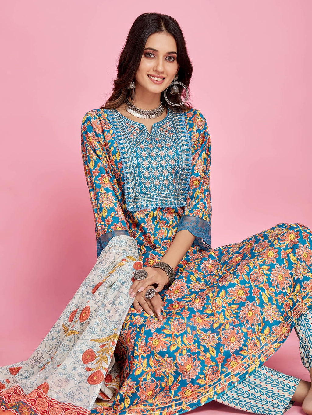 Sangria Blue Floral Printed Thread Work A-Line Kurta & Trouser With Dupatta | Grocsy