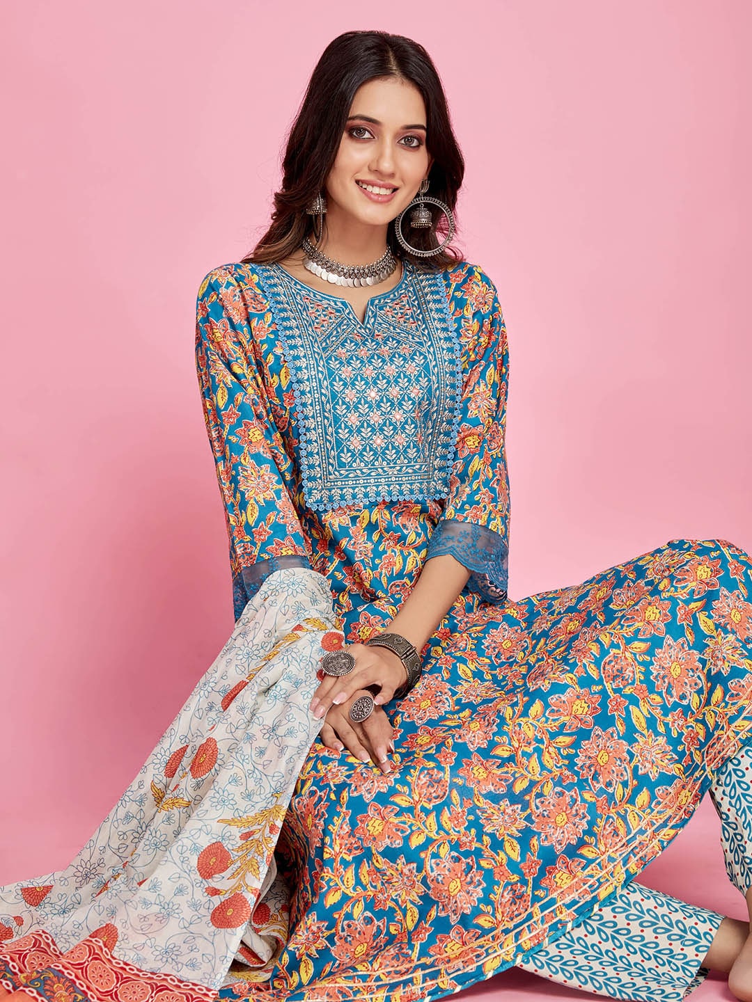 Sangria Blue Floral Printed Thread Work A-Line Kurta & Trouser With Dupatta | Grocsy