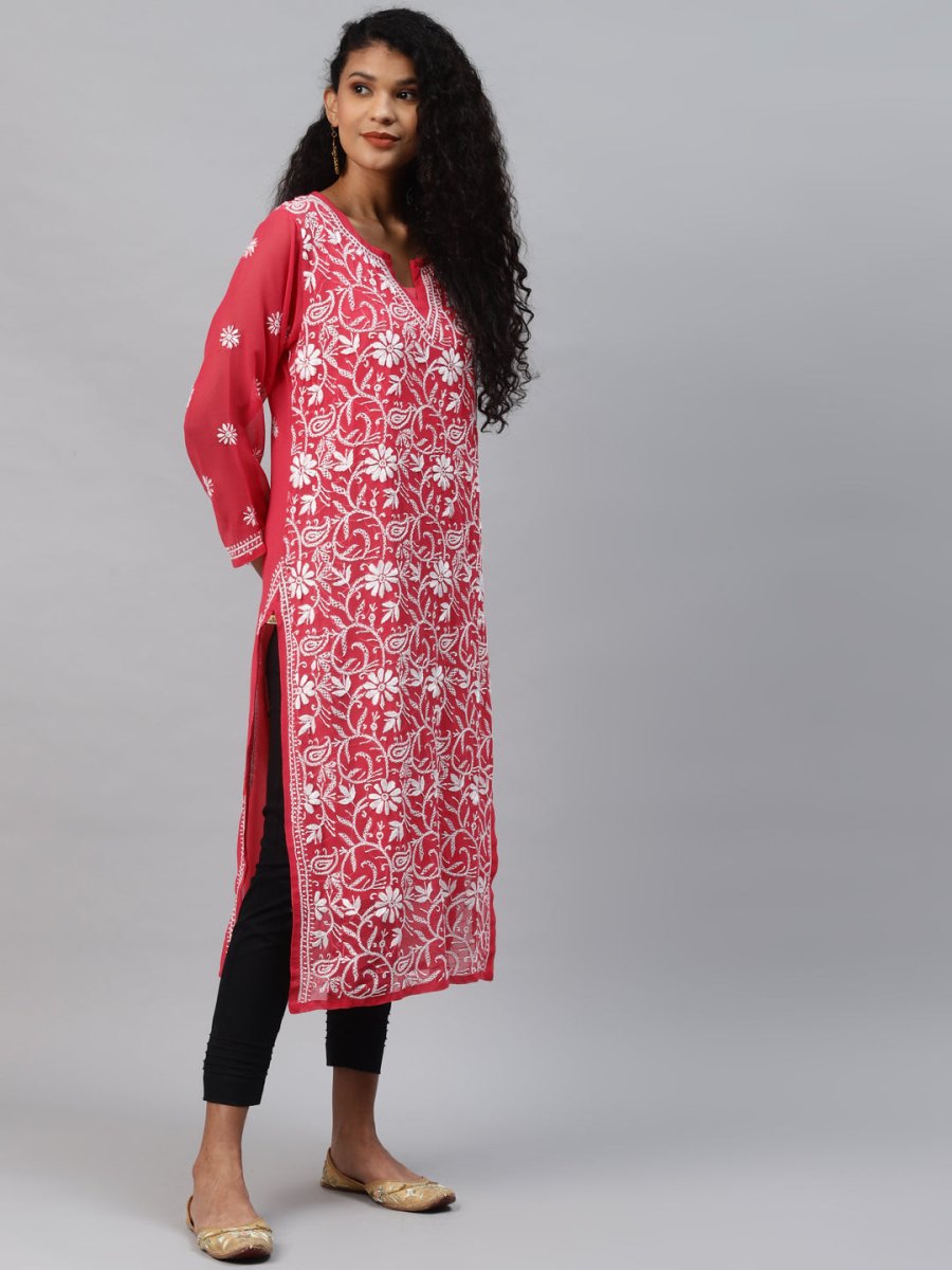 ADA Women Carrot Pink & White Floral Hand Embroidered Chikankari Handloom Kurta & Matching slip | Grocsy