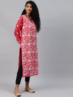 ADA Women Carrot Pink & White Floral Hand Embroidered Chikankari Handloom Kurta & Matching slip | Grocsy