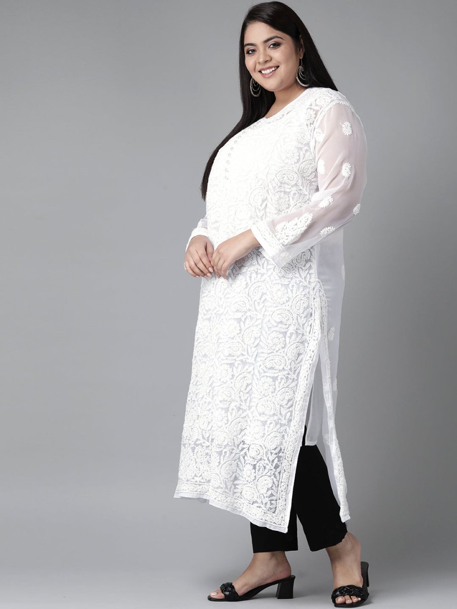 ADA Women Plus Size White Chikankari Embroidered Handloom Kurta with Inner | Grocsy