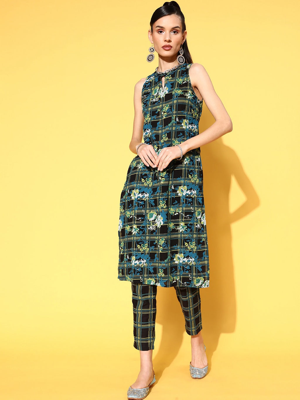 Sangria Women Ink Black Printed Parade Pure Cotton Kurta with Trousers | Grocsy