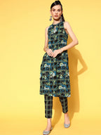 Sangria Women Ink Black Printed Parade Pure Cotton Kurta with Trousers | Grocsy