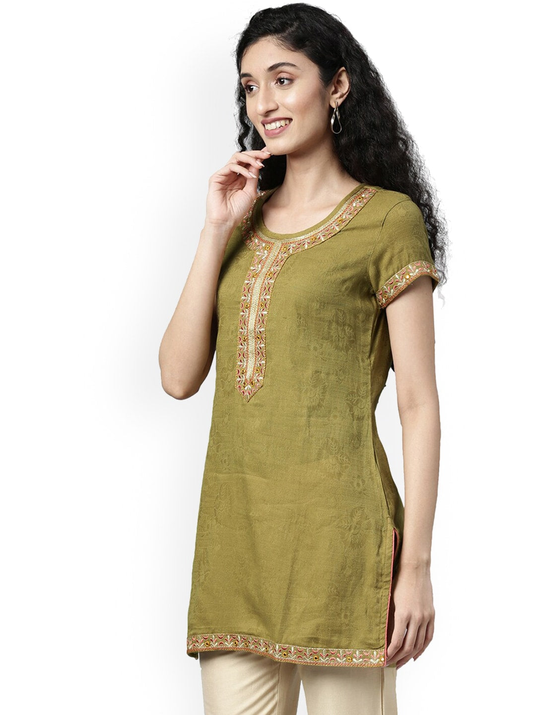 Souchii Olive Green Woven Design Kurta | Grocsy