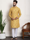 Sojanya Men Yellow Ethnic Motifs Printed Kurta with Churidar | Grocsy