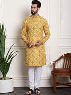 Sojanya Men Yellow Ethnic Motifs Printed Kurta with Churidar | Grocsy