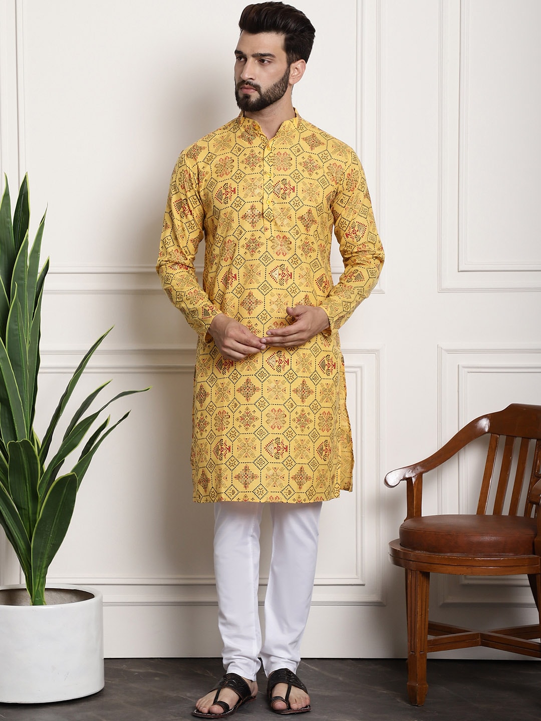 Sojanya Men Yellow Ethnic Motifs Printed Kurta with Churidar | Grocsy