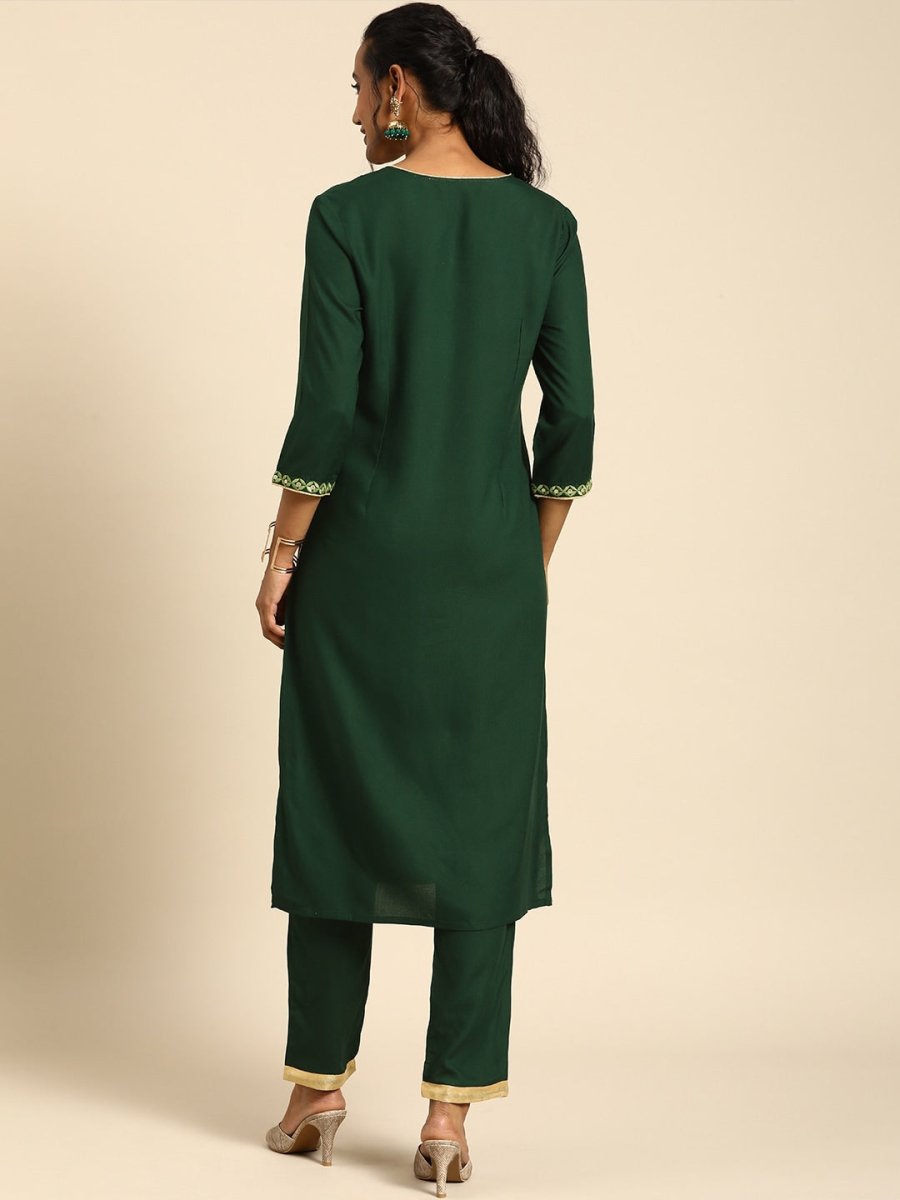 All About You Women Green Ethnic Motifs Yoke Design Regular Thread Work Kurta with Trousers | Grocsy