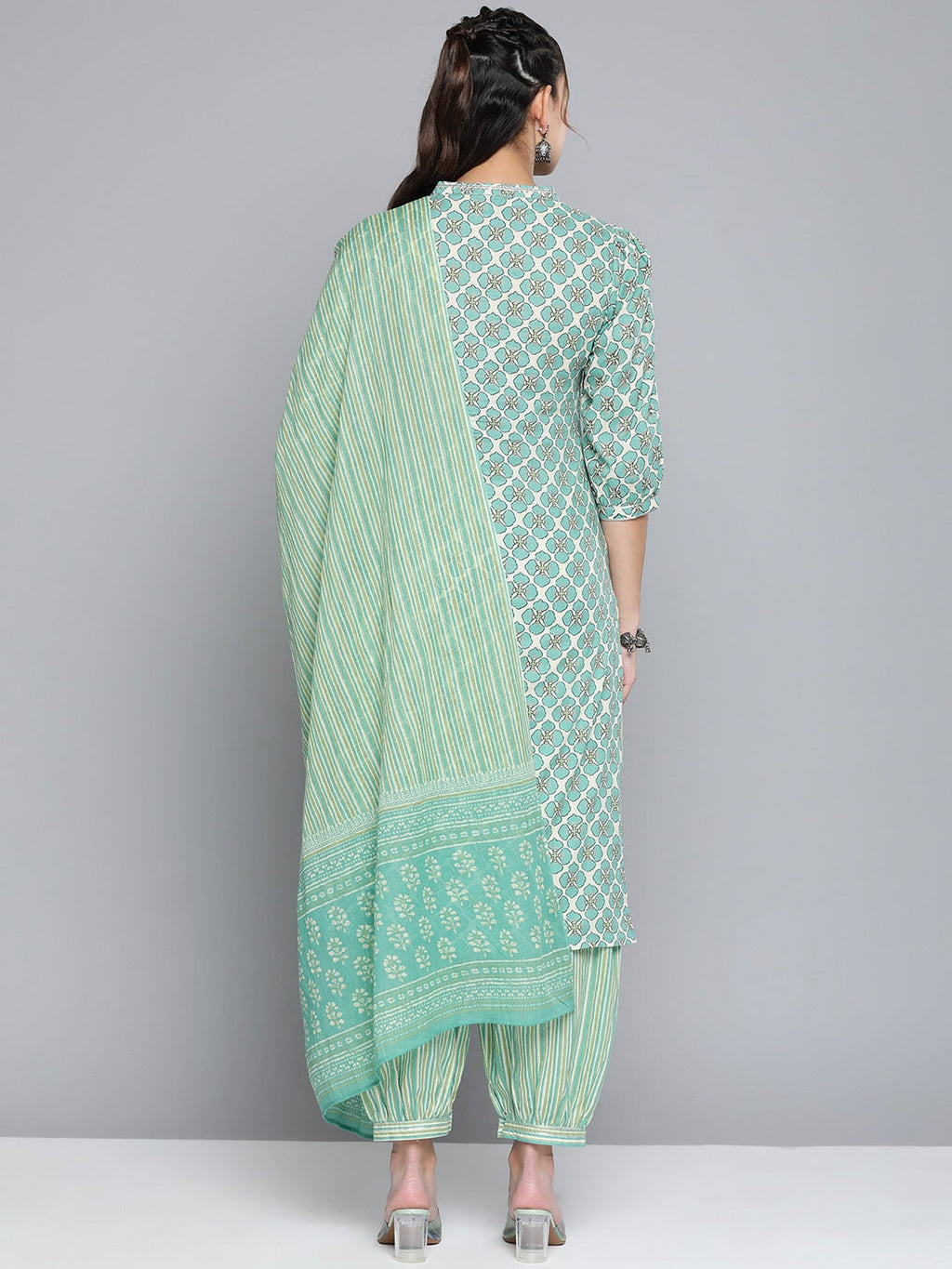 HERE&NOW Women Off White Ethnic Motifs Printed Pure Cotton Kurta with Palazzos & With Dupatta | Grocsy