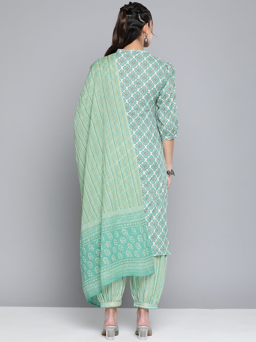 HERE&NOW Women Off White Ethnic Motifs Printed Pure Cotton Kurta with Palazzos & With Dupatta | Grocsy
