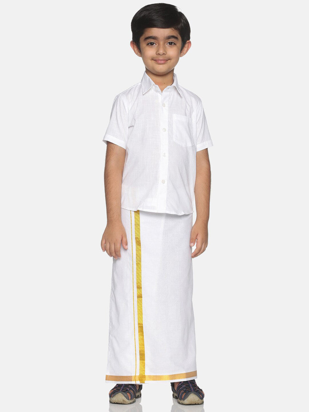 Sethukrishna Boys White & Gold-Toned Pure Cotton Solid Shirt and Veshti Set | Grocsy
