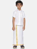 Sethukrishna Boys White & Gold-Toned Pure Cotton Solid Shirt and Veshti Set | Grocsy