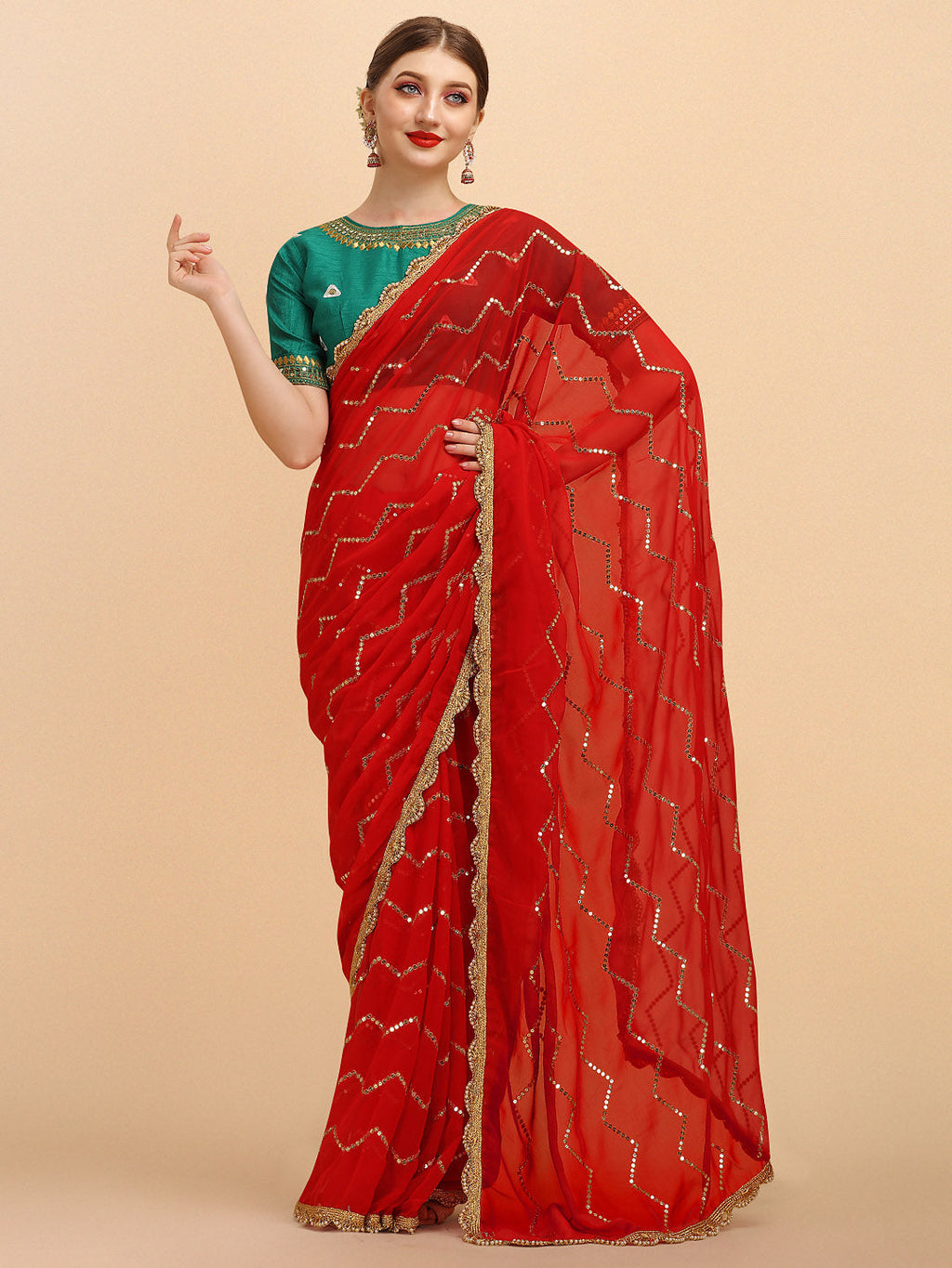 Sangria Red Embellished Sequinned Pure Georgette Saree | Grocsy