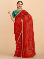 Sangria Red Embellished Sequinned Pure Georgette Saree | Grocsy
