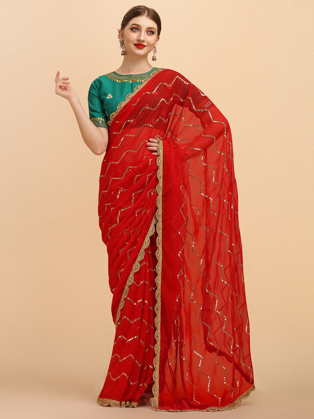 Sangria Red Embellished Sequinned Pure Georgette Saree | Grocsy
