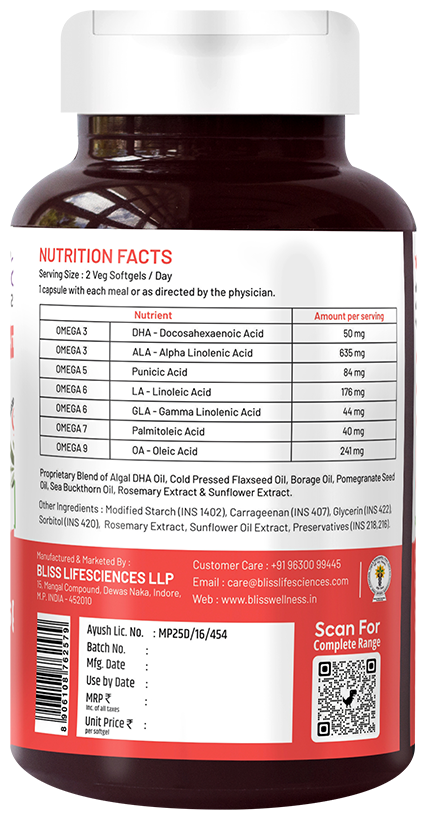 Bliss Welness Heart, Brain & Skin Health Penta Omega Veg Softgel | Grocsy