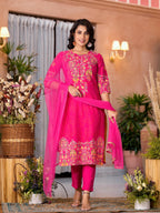 Juniper Women's Pink Thread Embroidered Liva Rayon Kurta Pant And Dupatta Set With Sequins Beads & Lace | Grocsy