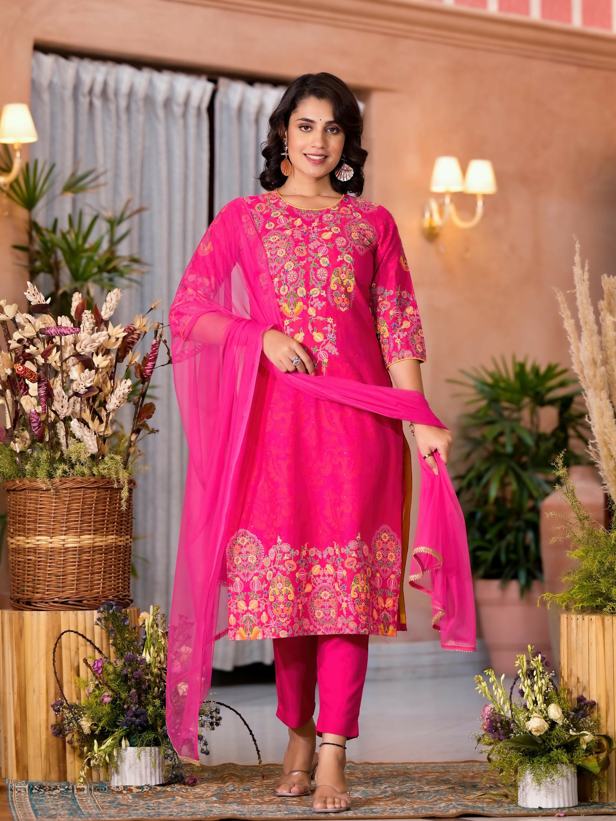 Juniper Women's Pink Thread Embroidered Liva Rayon Kurta Pant And Dupatta Set With Sequins Beads & Lace | Grocsy