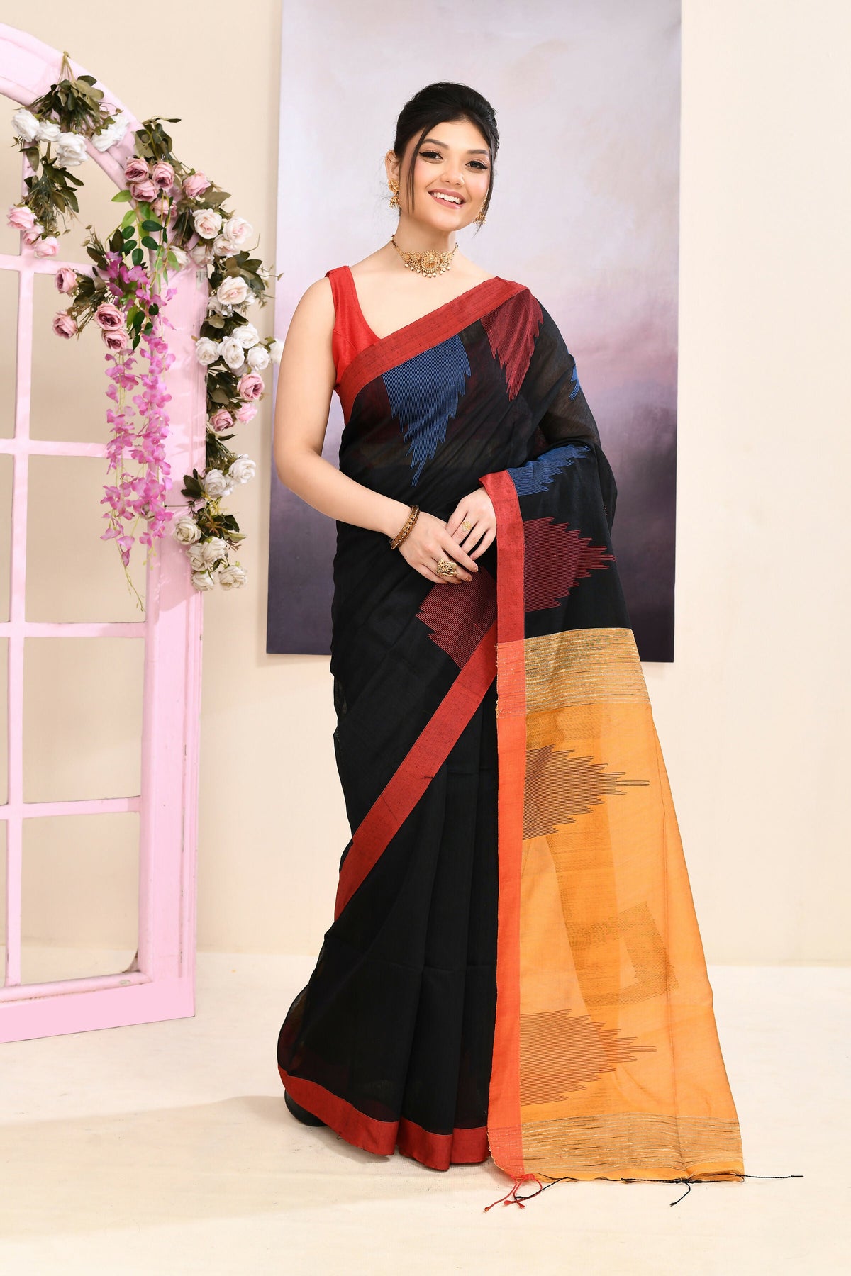 Piyari Fashion Women's Black Temple Border Embellished Cotton Blend Jamdani Saree | Grocsy