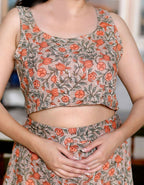 Miravan Women's Brown Floral Printed Crop Top And Skirt Co-Ord Set | Grocsy