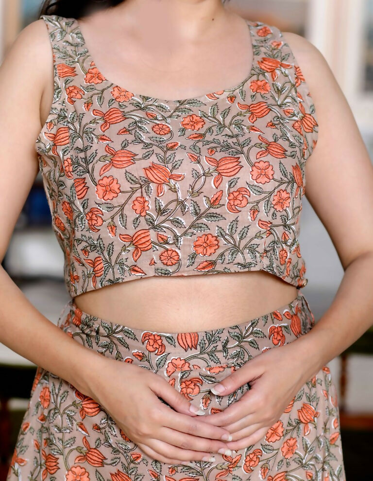 Miravan Women's Brown Floral Printed Crop Top And Skirt Co-Ord Set | Grocsy