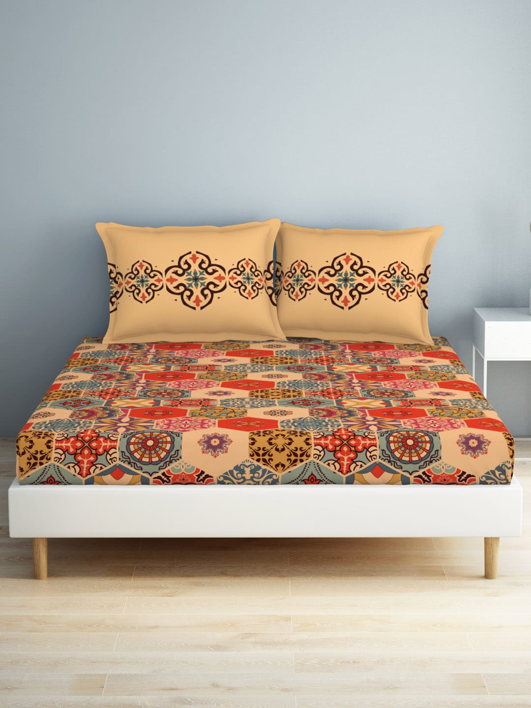 SPACES Aurum Orange Ethnic Motifs Pure Cotton 140 TC Queen Bedsheet with 2 Pillow Covers | Grocsy