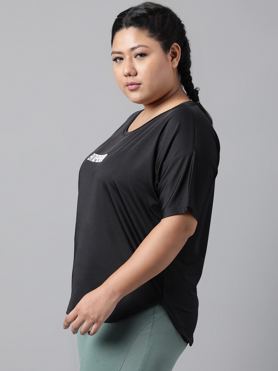 MKH Women Plus Size Typography Printed Drop shoulder Sleeves Dri-FIT Relaxed Fit T-shirt | Grocsy