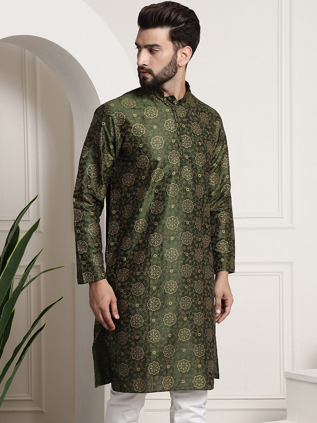 Sojanya Men Green & Brown Ethnic Motifs Printed Kurta | Grocsy