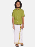 Sethukrishna Boys Green & White Solid Pure Cotton Shirt with Readymade Dhoti | Grocsy