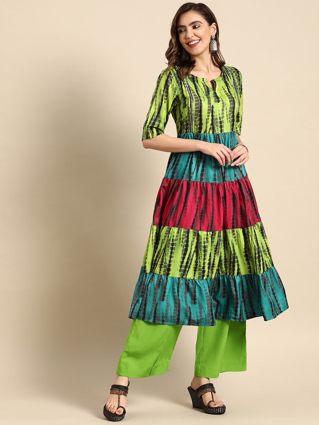 Sangria Women Green Dyed Tiered Kurta with Palazzos | Grocsy