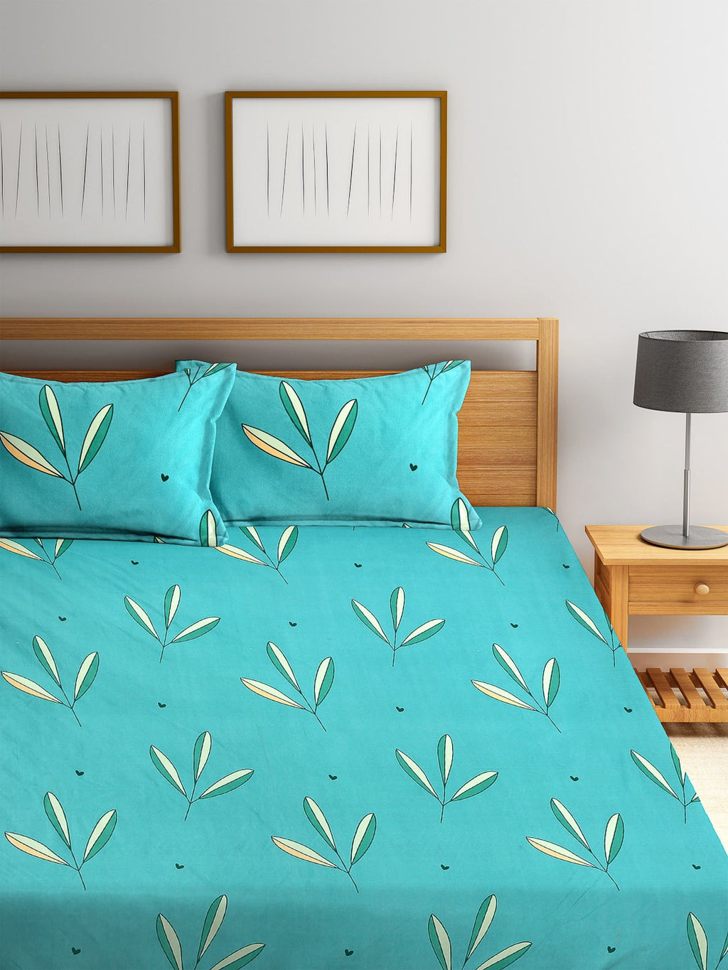 Home Sizzler Turquoise Blue & White Floral 144 TC Polyester 1 Queen Bedsheet with 2 Pillow Covers | Grocsy