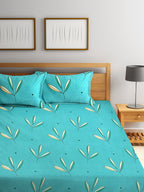 Home Sizzler Turquoise Blue & White Floral 144 TC Polyester 1 Queen Bedsheet with 2 Pillow Covers | Grocsy