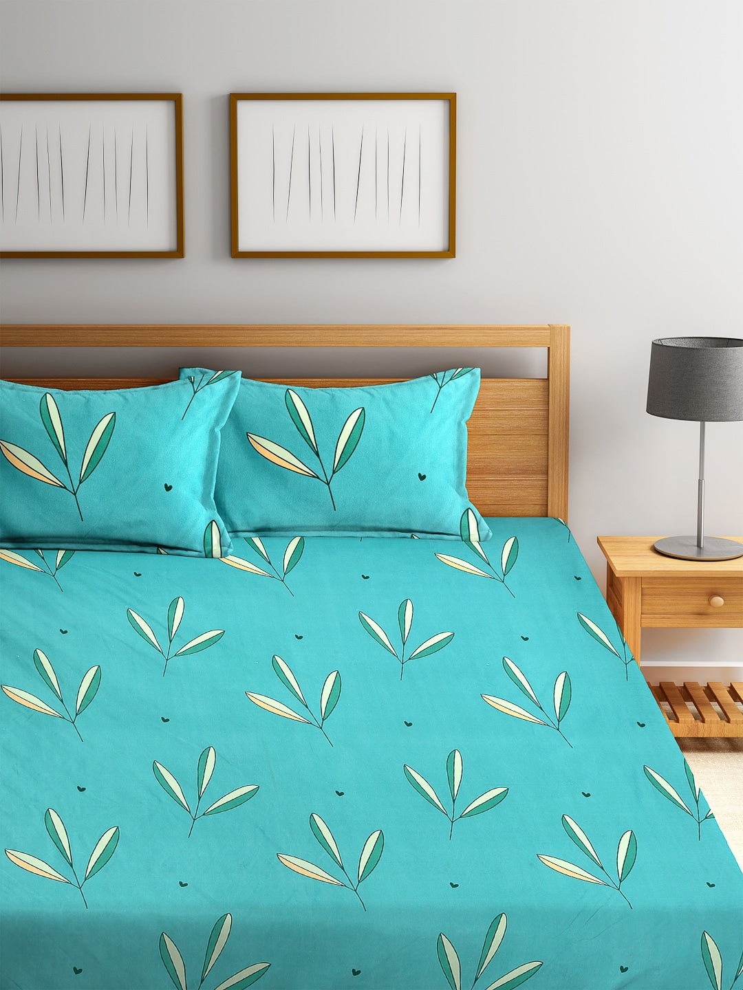 Home Sizzler Turquoise Blue & White Floral 144 TC Polyester 1 Queen Bedsheet with 2 Pillow Covers | Grocsy