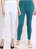 TAG 7 Women Pack Of 2 Solid Turquoise Blue & White Ankle Length Leggings | Grocsy
