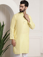 Sojanya Men Yellow Dobby Self-Checked Straight Kurta | Grocsy