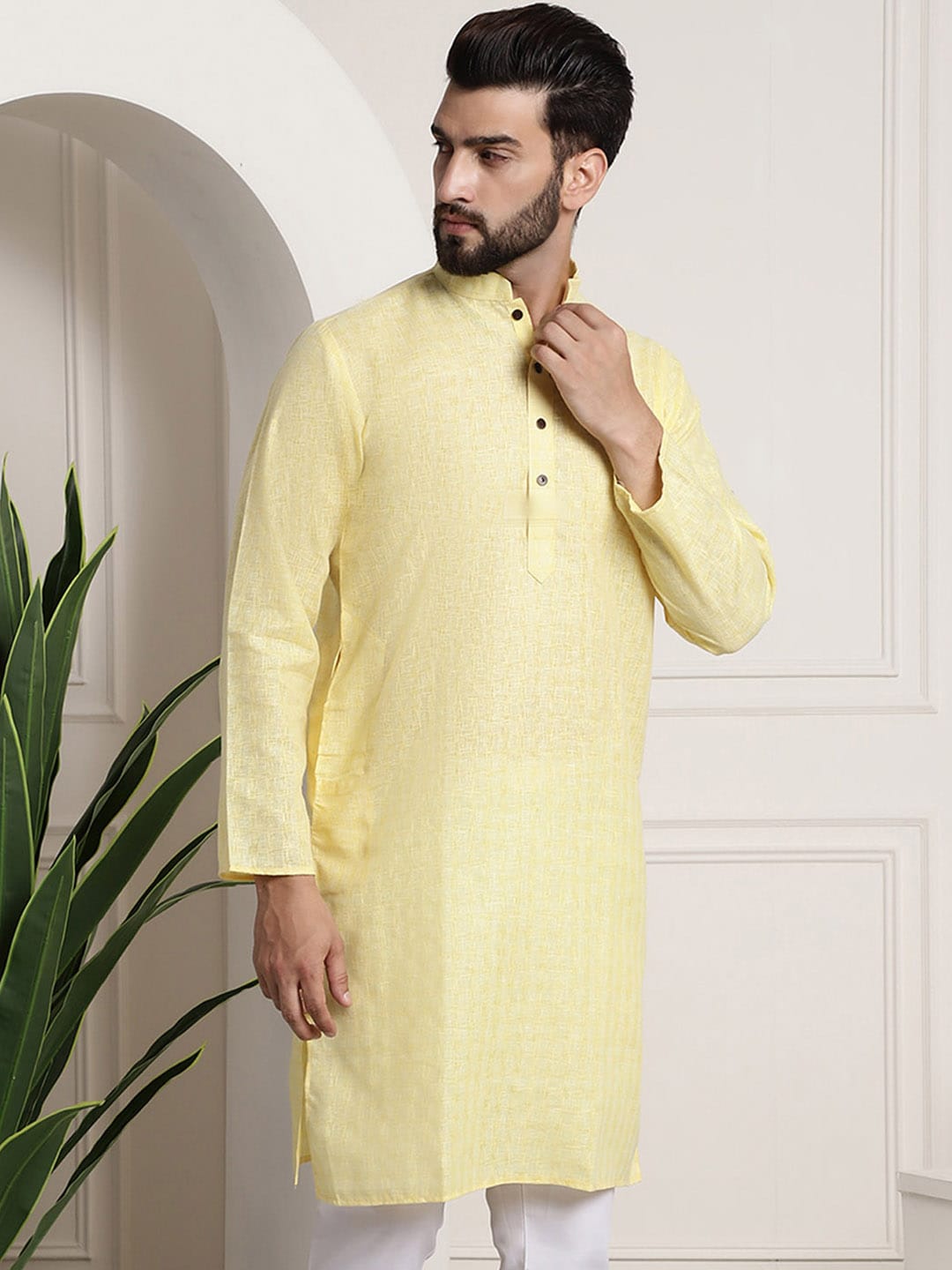 Sojanya Men Yellow Dobby Self-Checked Straight Kurta | Grocsy