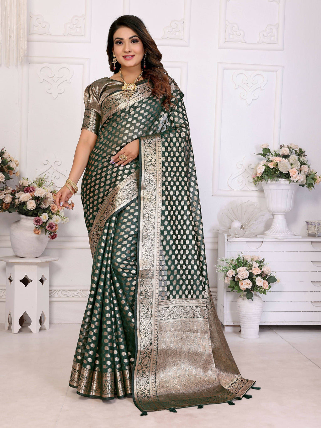 Aastha Fashion Dark Green Organza Silk Weaving Saree | Grocsy