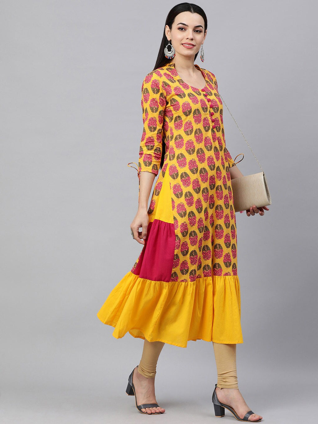 HERE&NOW Women Yellow & Pink Ethnic Motifs Pure Cotton Printed Kurta | Grocsy