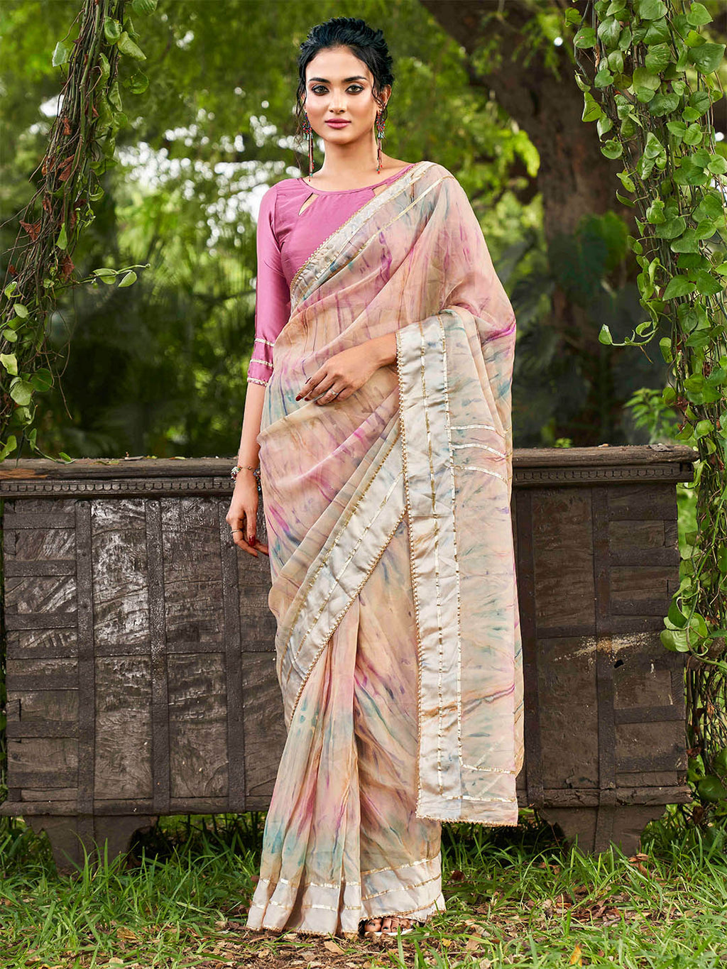 Tikhi Imli Peach Tie and Dye Gotta Patti Organza Saree | Grocsy