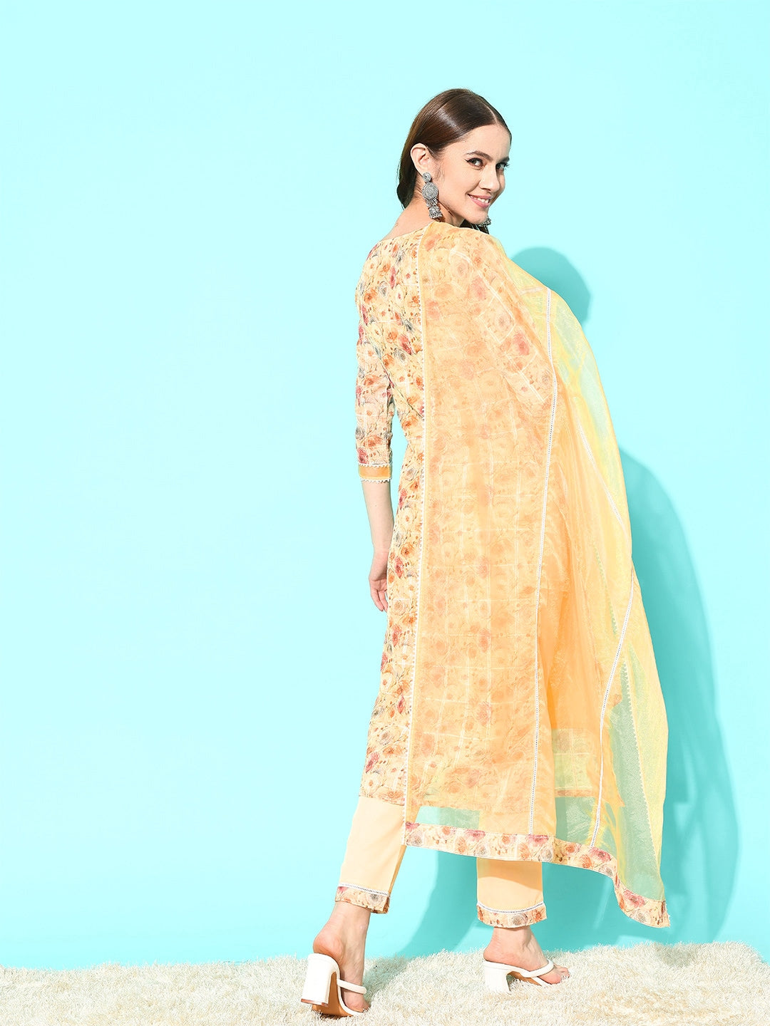 Sangria Floral Embroidered Regular Thread Work Linen Kurta with Trousers & With Dupatta | Grocsy