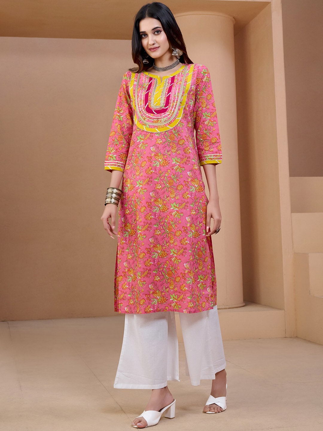 Sangria Floral Printed With Gota Patti Work Pure Cotton Straight Kurta | Grocsy