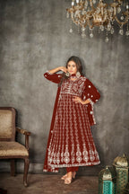 Jyoti Fashion Women's Maroon Net Embroidered Anarkali Kurta Pant Set With Dupatta | Grocsy